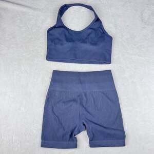 Grey Ribbed halter top and shorts sportswear 2 piece set S no padding EUC